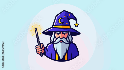 Wise wizard with a magical wand casting a spell with bright light.