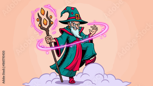 Wise wizard with a long beard and magical staff casting spells.
