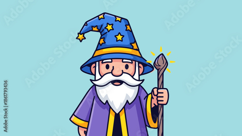 Wise wizard with a long white beard wearing a blue hat and holding a staff.