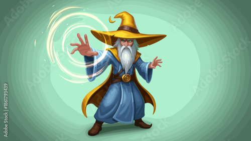 Wizard casting a spell with magical energy emanating from hands.