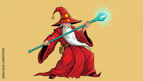 Wizard casting a spell with a glowing staff.