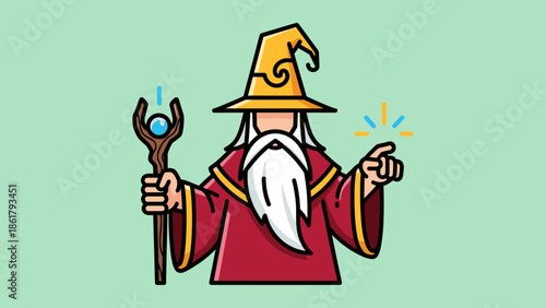 Wizard Casting Spell With Magic Wand And Glowing Fingers.