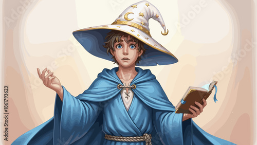Young wizard boy in blue robe and large hat holding a book.