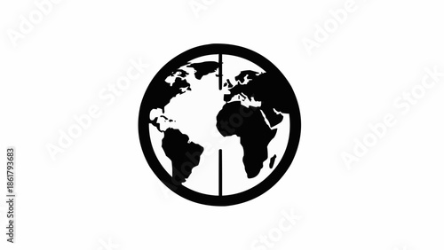 Stylized black and white graphic of planet Earth divided by a vertical line.