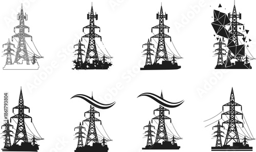 Stylized transmission towers, black and white, silhouette design, abstract effects, energy structure, powerline art, infrastructure concept, grunge, geometry, signal wave