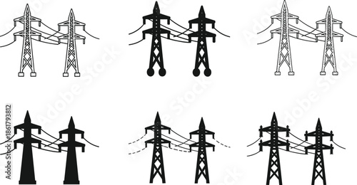 Transmission tower pair, power line connection, infrastructure icon set, black vector, electricity distribution, minimal design, engineering silhouette, utility graphic