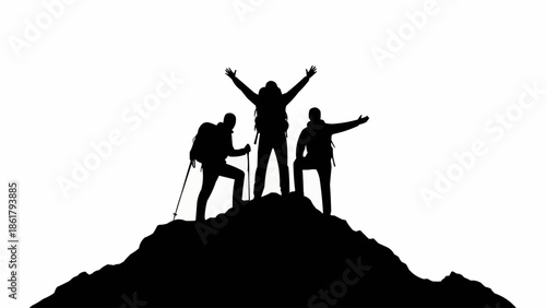 Three hikers celebrating success on a mountain summit.