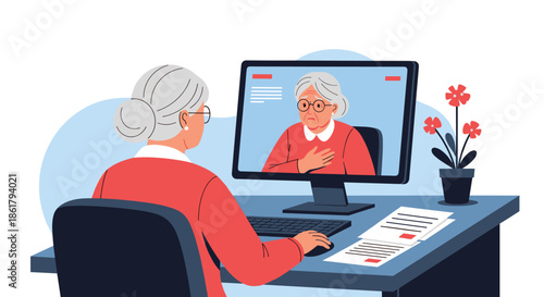 Elderly woman sitting at a desk and using a desktop computer to have a video chat with her senior friend or relative from her home office.