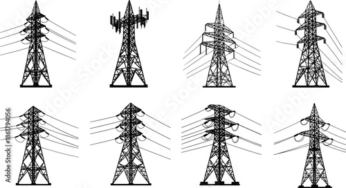 Transmission tower silhouettes, electric pylons, infrastructure design, cellular antenna, black and white, engineering concept, utility structure, power grid, voltage support, telecom