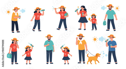 Diverse group of people wearing summer hats and casual clothes drinking water to stay hydrated and cool during a hot sunny day outdoors.