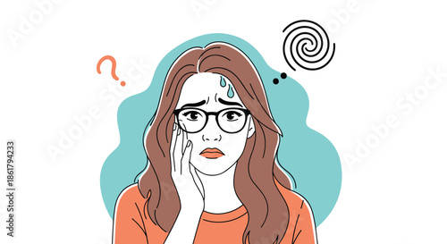 Concerned young woman with glasses touching her face while looking worried with question marks and spiral symbols of confusion above her.