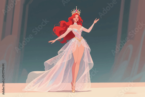 Regal woman with red hair in shimmering gown and crown standing gracefully in a dark fantasy setting.