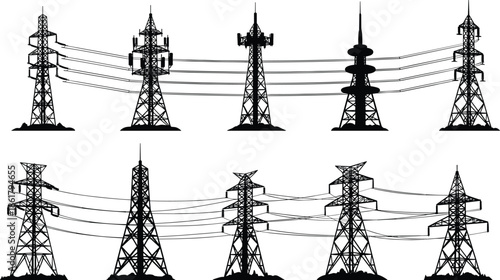Transmission towers, electricity pylons, communication structures, black and white, infrastructure design, power grid, antenna system, silhouette art, engineering concept, utility