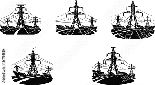 Transmission towers, solar panels, black and white, renewable energy, power lines, infrastructure concept, sustainable grid, silhouette design, terrain art, electricity