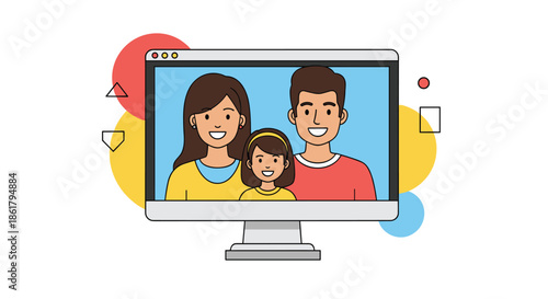 Happy family consisting of a father, mother, and young daughter appearing on a computer monitor screen for a virtual video call at home.