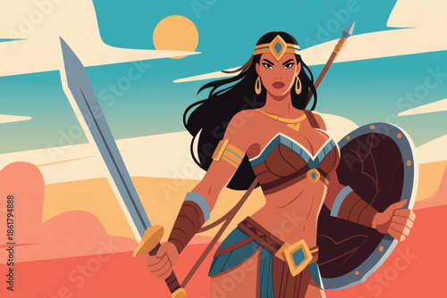 Warrior woman in gold blue armor with sword, shield, and spear standing in vibrant desert landscape.