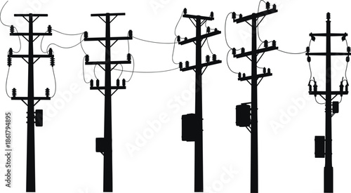 Utility pole silhouette, electrical infrastructure, power line connection, insulator setup, vector illustration, energy grid, technical drawing, distribution system, design