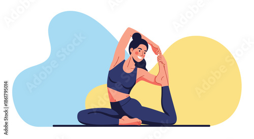 Young woman practicing a difficult yoga pose or stretching exercise on a mat against a colorful abstract background for health and fitness.