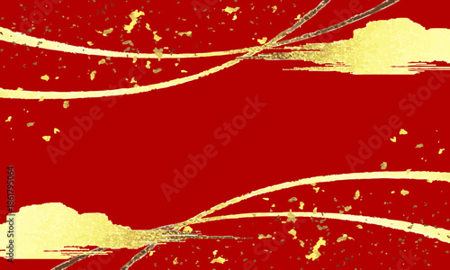 赤い背景に金色の雲と金箔。ベクターイラスト。