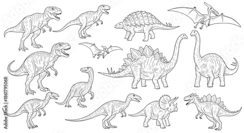 Detailed black and white sketches of various dinosaur species including Tyrannosaurus, Triceratops, and Stegosaurus on a plain background.