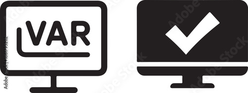 VAR video assistant referee icon vector with review monitor and decision check symbol, minimalist black and white design