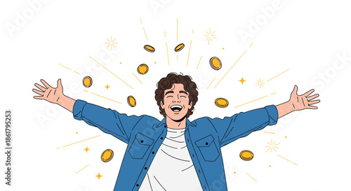 Extremely happy young man with his arms wide open as gold coins rain down around him signifying huge financial success or a big lottery win.