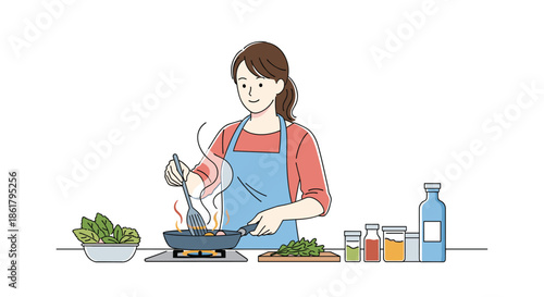 Young woman wearing an apron and cooking food in a frying pan on a stove in a bright and clean modern kitchen for a healthy lifestyle.