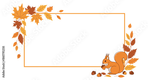 Rectangular frame decorated with colorful autumn maple leaves and a cute squirrel holding an acorn in the corner with space for text.