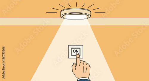 Hand of a person pressing a wall light switch to turn on a ceiling lamp that illuminates the interior room with bright light beams.