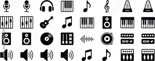 Black and white music and sound set microphone headphones