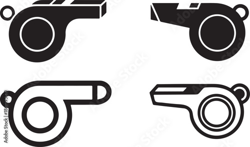 Referee whistle icon set vector with solid and outline designs, minimalist black and white sports officiating symbols