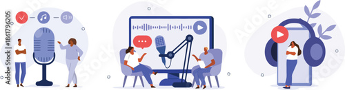 entertainment, design, vector, technology, conversation, studio, illustration, podcast, category:, (86), recording, interacting., audio, headphones, content, people, media, broadcasting, interview