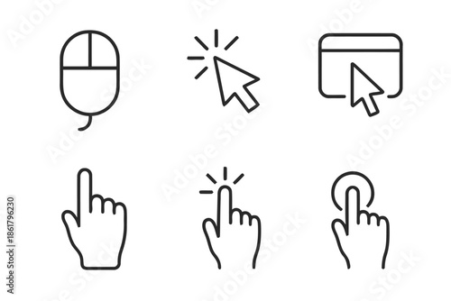 Pointer cursors line icons set with computer mouse and hand finger
