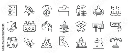 Politics and elections line icon set voting and government linear web sign vector illustration isolated on white background