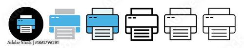 Printer Icon Set Vector Illustration Isolated on White Background Print Device Symbol for Document Output in Different Colors and Style Showing Paper Printing