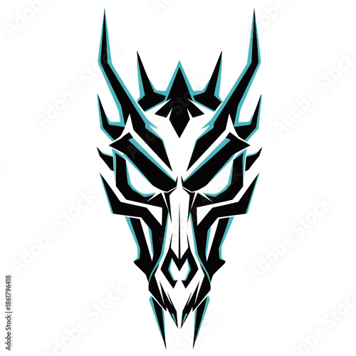 A striking tribal tattoo design featuring a fierce dragon's head with sharp, angular lines and glowing blue eyes.