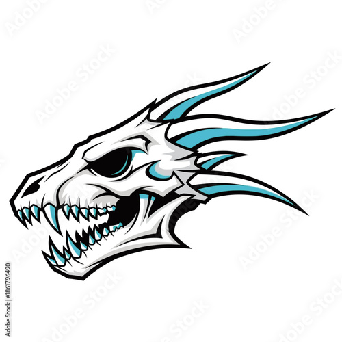 A fierce white dragon skull with sharp teeth and icy blue accents, depicted in a stylized, aggressive profile.