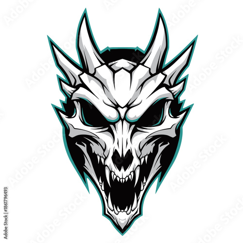 A fierce and detailed illustration of a white dragon skull with sharp teeth and horns, featuring a menacing expression and teal accents.