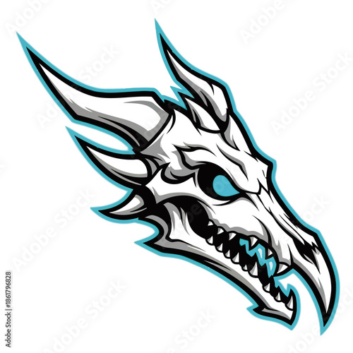 Stylized white dragon skull with sharp teeth and blue glowing eyes, esports mascot.