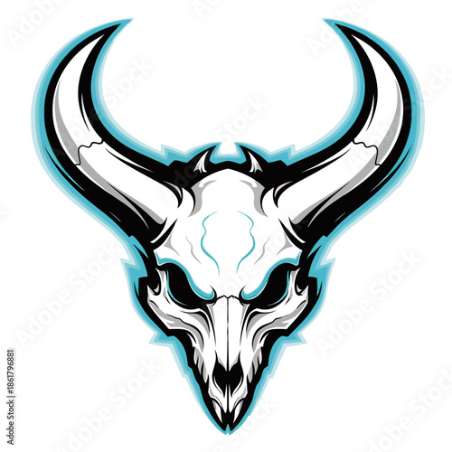 A stylized illustration of a white bull skull with glowing blue accents and sharp horns, set against a white background.