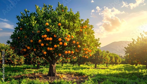 Orange orchard with ripe fruit under golden sunlight and mountain backdrop, evoking harvest and natural abundance.