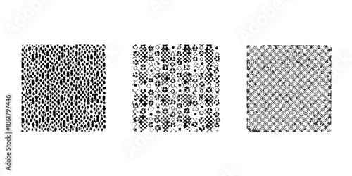 Abstract black and white image displaying three textured speckled rectangular forms