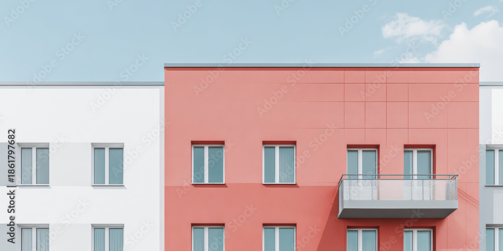 Obraz premium Modern building with a red and white facade showing multiple windows against a blue sky