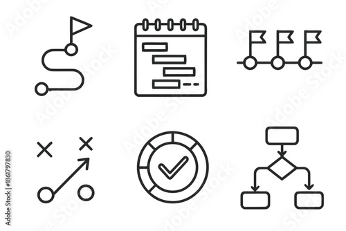 Project timeline and business strategy vector icons set