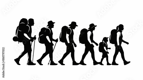 Silhouettes of hikers walking with backpacks and poles.