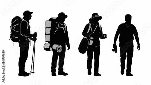 Silhouettes of hikers with backpacks and gear ready for adventure.