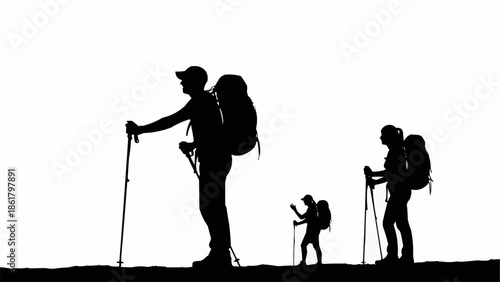 Silhouettes of hikers with backpacks and trekking poles on a white background.