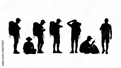 Silhouettes of hikers with backpacks on white background.