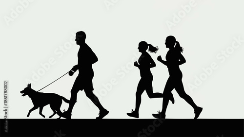 Silhouettes of people and dog running outdoors.