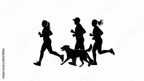 Silhouettes of people and dog running together outdoors.